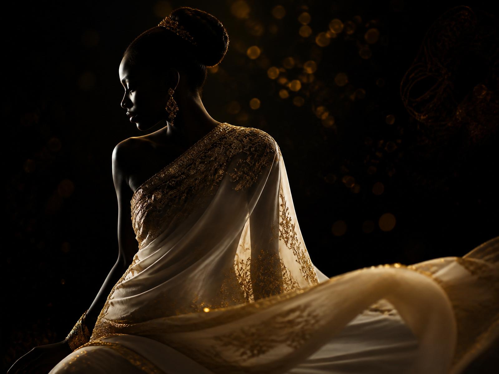 An elegant figure draped in flowing gold-embroidered silk